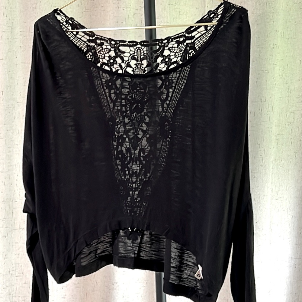 Emma and Sam black long sleeve top, crochet back crop front